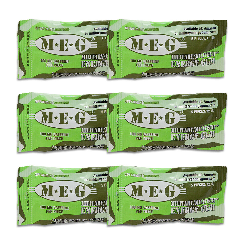 MEG - Military Energy Gum | 100mg caffeine pc | Spearmint 6 Pack (30 Count)