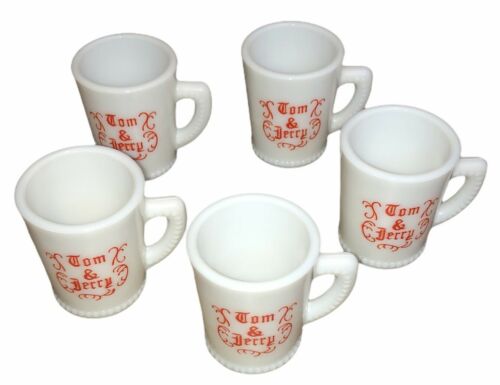 Vintage Mckee Tom & Jerry Set 5 Eggnog Mugs Punch Cups Milk Glass Red Letters